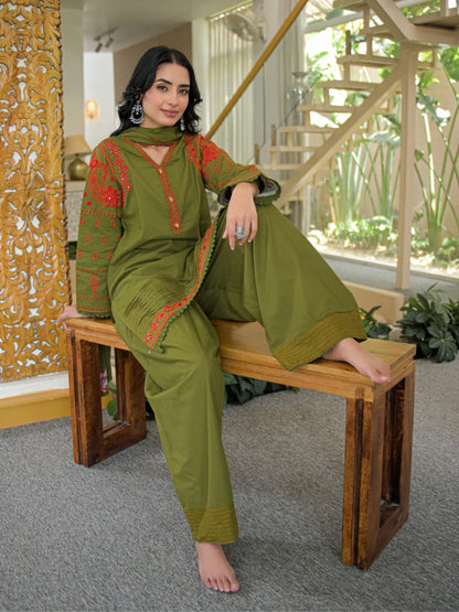 Olive Green Pure Cotton Embroidered Kurta with Farsi Salwar & Dupatta Set – Festive Wear