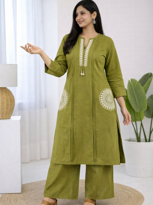 Olive Green Dabu Cotton A-Line Kurta Set with Handcrafted Embroidery