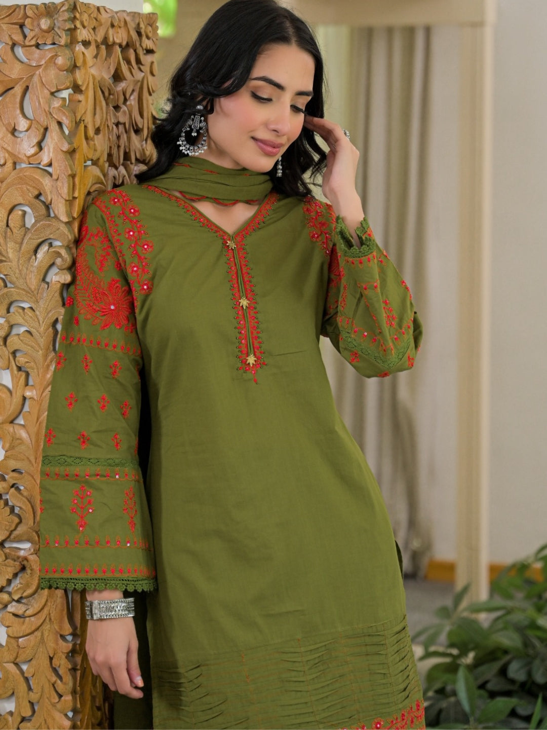 Olive Green Pure Cotton Embroidered Kurta with Farsi Salwar & Dupatta Set – Festive Wear