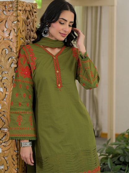 Olive Green Pure Cotton Embroidered Kurta with Farsi Salwar & Dupatta Set – Festive Wear