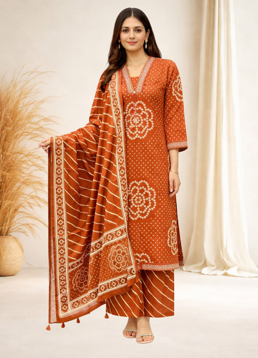 Rust Orange Cotton Bandhej Suit Set with Printed Dupatta – Ethnic Wear