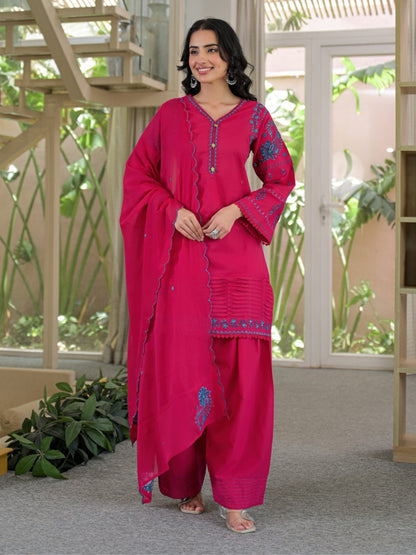 Rani Pink Pure Cotton Embroidered Kurta with Farsi Salwar & Dupatta Set – Festive Wear