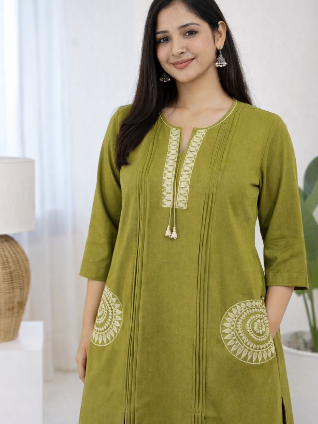 Olive Green Dabu Cotton A-Line Kurta Set with Handcrafted Embroidery