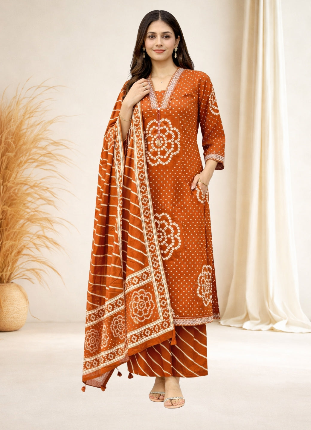 Rust Orange Cotton Bandhej Suit Set with Printed Dupatta – Ethnic Wear
