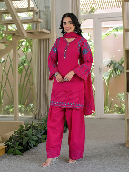 Rani Pink Pure Cotton Embroidered Kurta with Farsi Salwar & Dupatta Set – Festive Wear