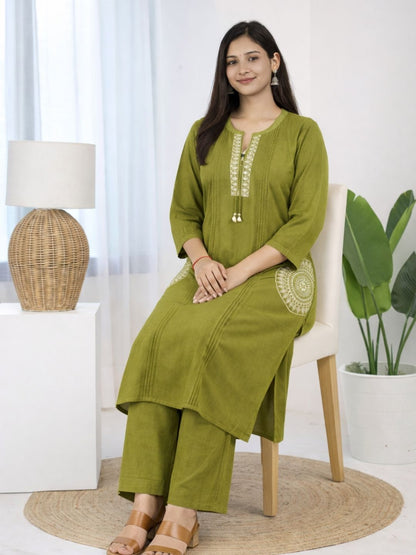 Olive Green Dabu Cotton A-Line Kurta Set with Handcrafted Embroidery