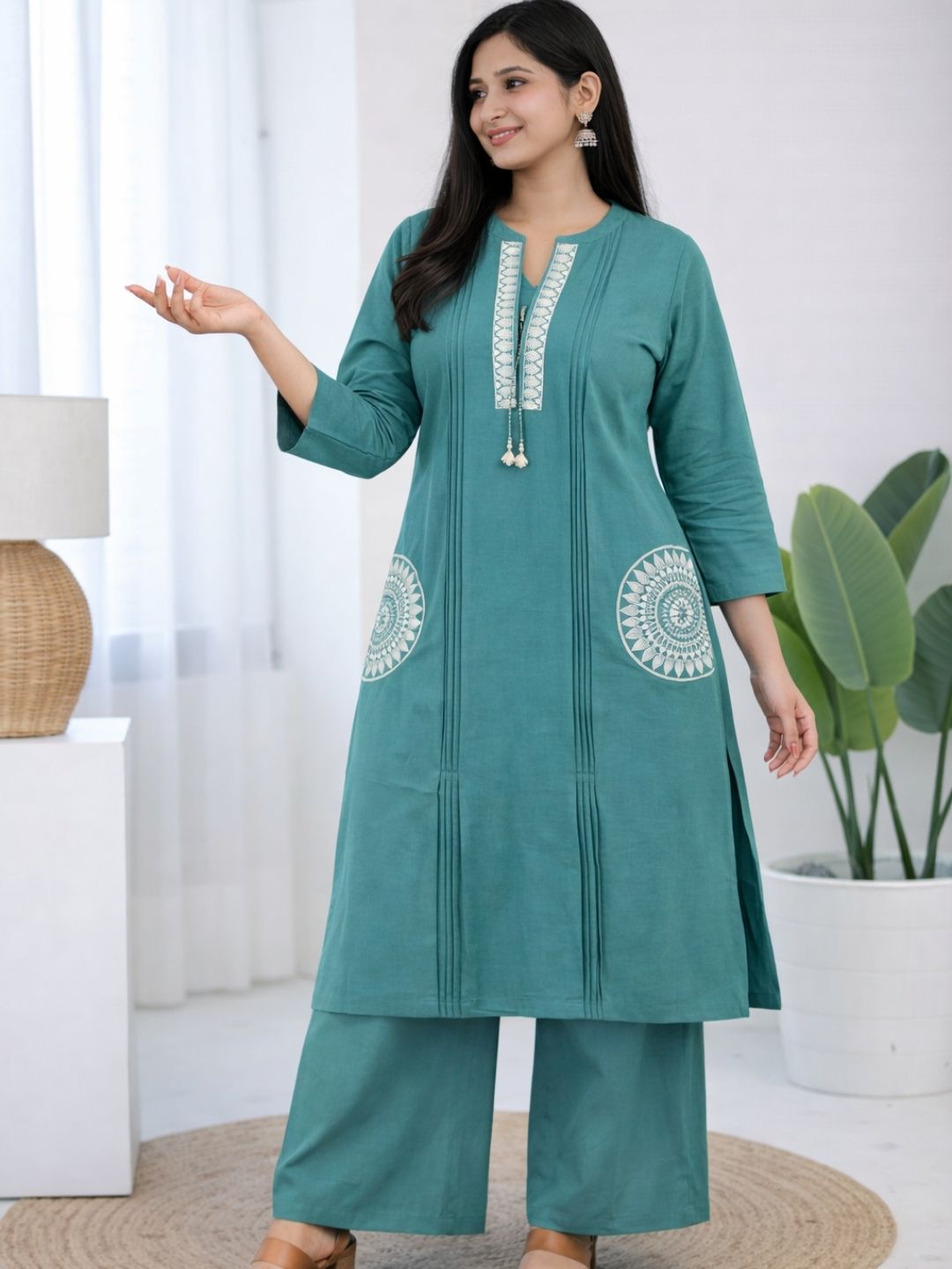 Teal Green Dabu Cotton A-Line Kurta Set with Handcrafted Embroidery