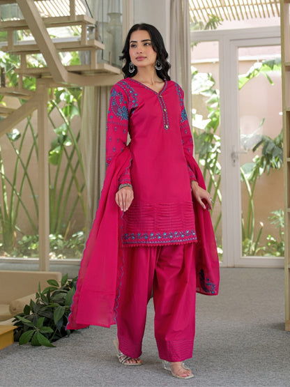 Rani Pink Pure Cotton Embroidered Kurta with Farsi Salwar & Dupatta Set – Festive Wear