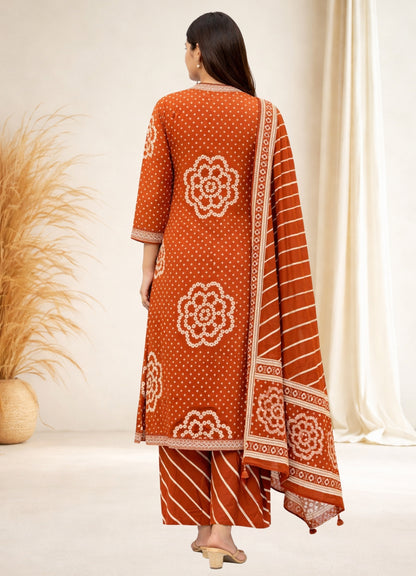Rust Orange Cotton Bandhej Suit Set with Printed Dupatta – Ethnic Wear