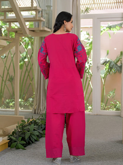 Rani Pink Pure Cotton Embroidered Kurta with Farsi Salwar & Dupatta Set – Festive Wear
