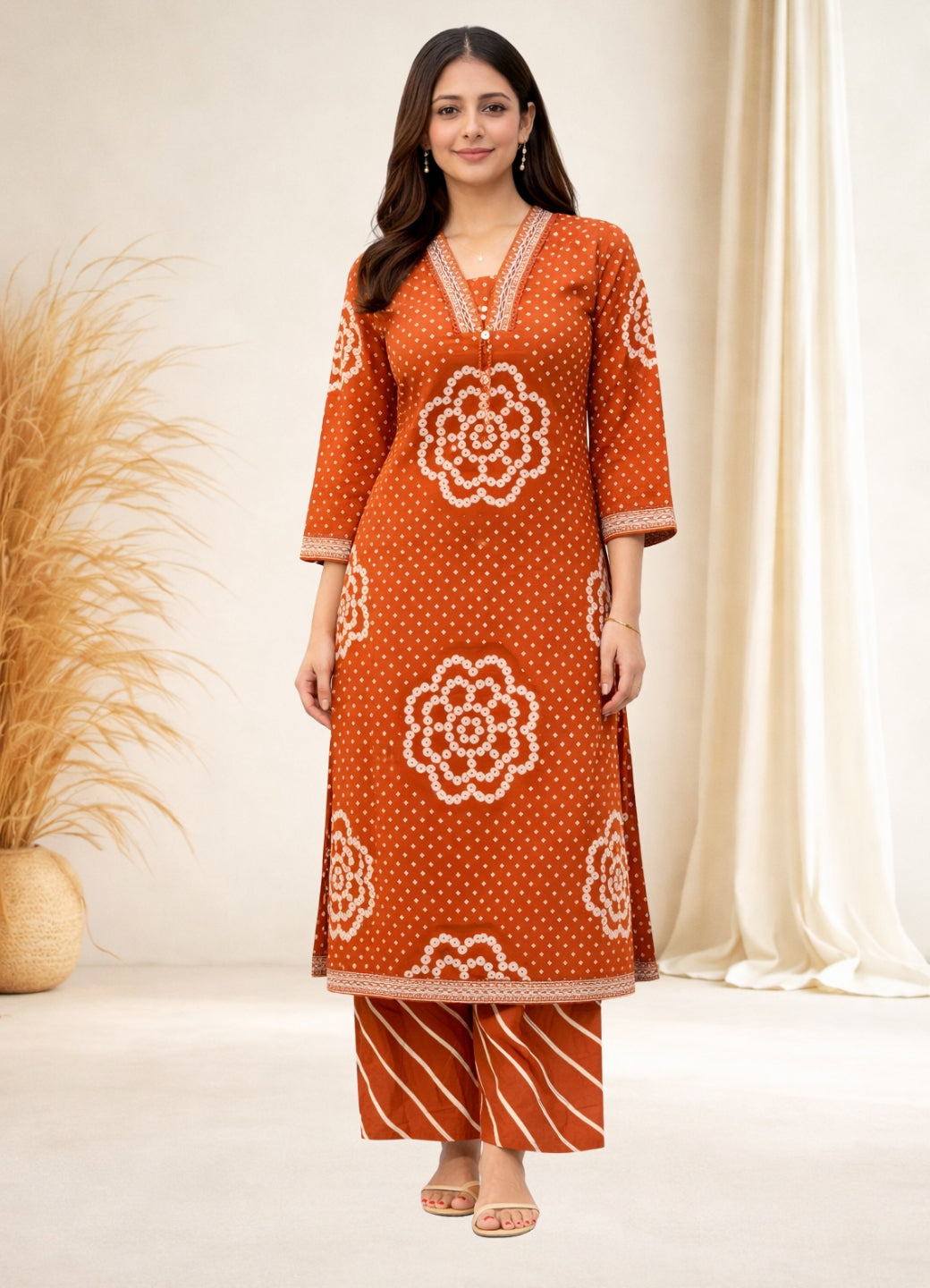 Rust Orange Cotton Bandhej Suit Set with Printed Dupatta – Ethnic Wear