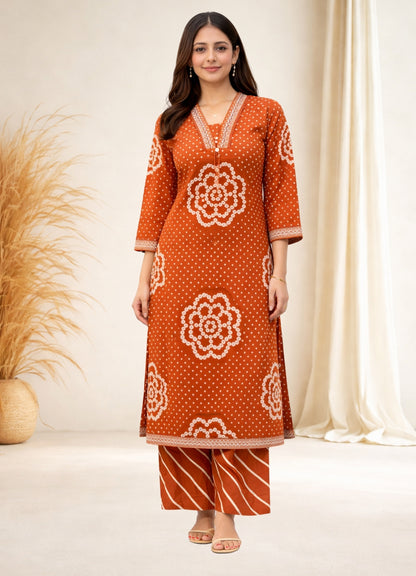 Rust Orange Cotton Bandhej Suit Set with Printed Dupatta – Ethnic Wear