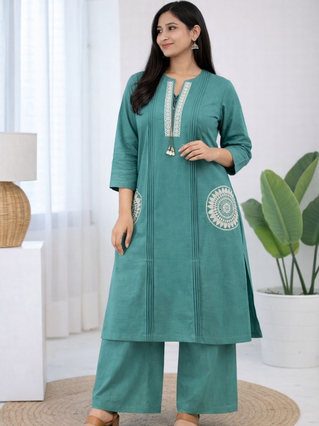 Teal Green Dabu Cotton A-Line Kurta Set with Handcrafted Embroidery