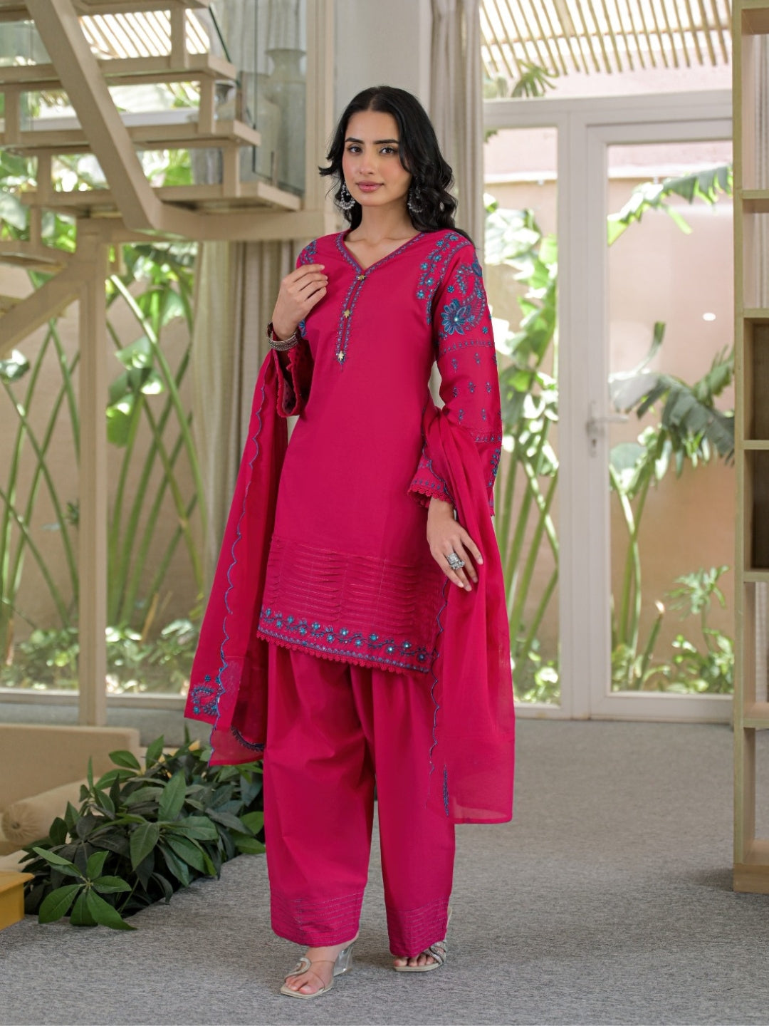 Rani Pink Pure Cotton Embroidered Kurta with Farsi Salwar & Dupatta Set – Festive Wear