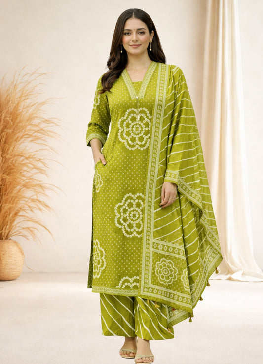 Mehendi Green Cotton Bandhej Suit Set with Printed Dupatta – Ethnic Wear