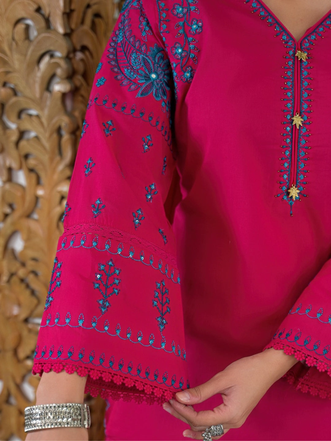 Rani Pink Pure Cotton Embroidered Kurta with Farsi Salwar & Dupatta Set – Festive Wear