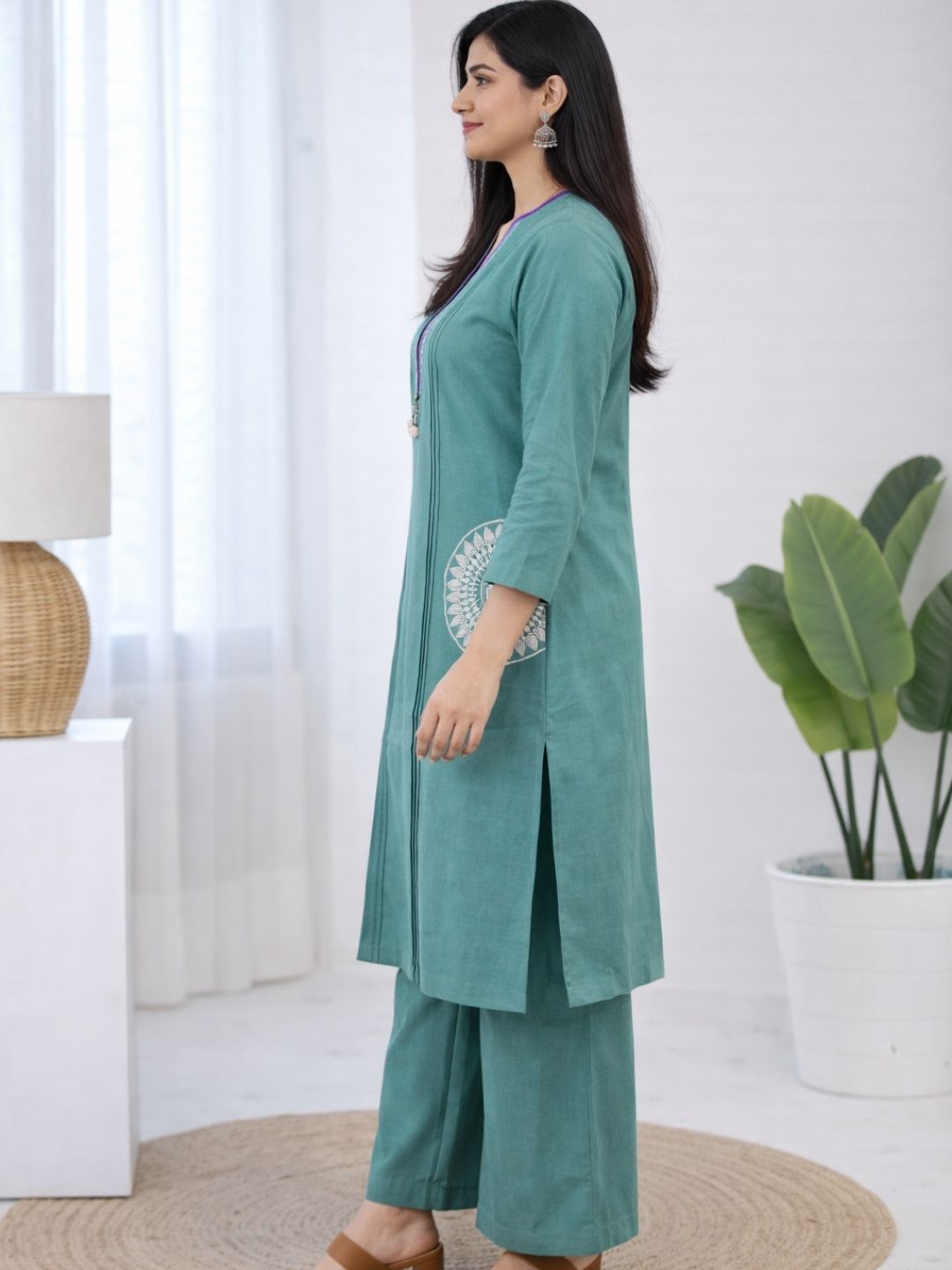 Teal Green Dabu Cotton A-Line Kurta Set with Handcrafted Embroidery