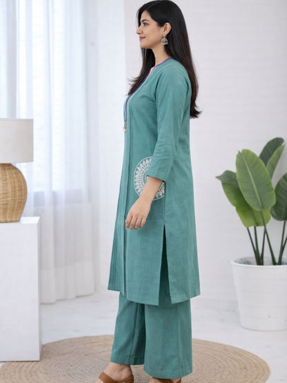 Teal Green Dabu Cotton A-Line Kurta Set with Handcrafted Embroidery