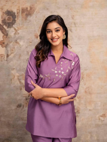 Mauve Purple Roman Silk Kurta Pant Set with Handcrafted Floral Embroidery