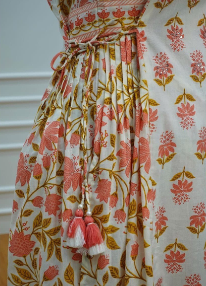 Cream Peach Cotton Afghani Suit Set with Floral Print – Ethnic Wear