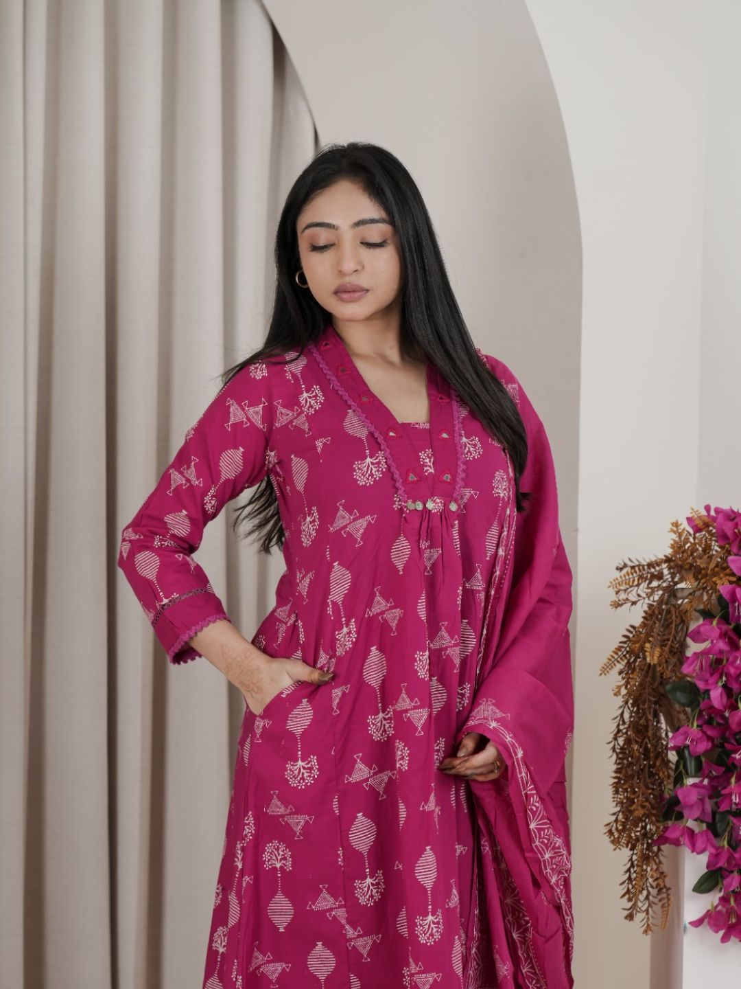 Rani Pink Jaipuri Cotton  A-Line Kurta Set with Ethnic Print