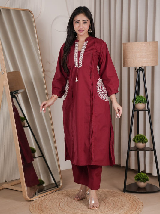 Maroon Dabu Cotton A-Line Kurta Set with Handcrafted Embroidery