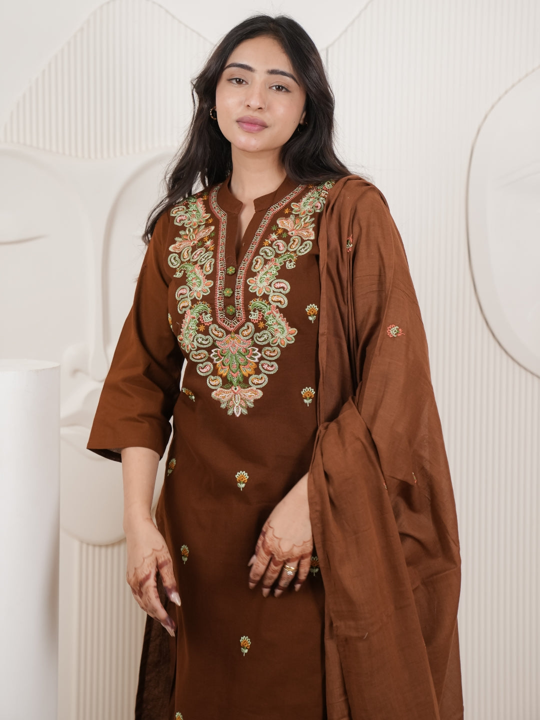 Brown Embroidered Cotton Flex Kurta Palazzo Set with Dupatta