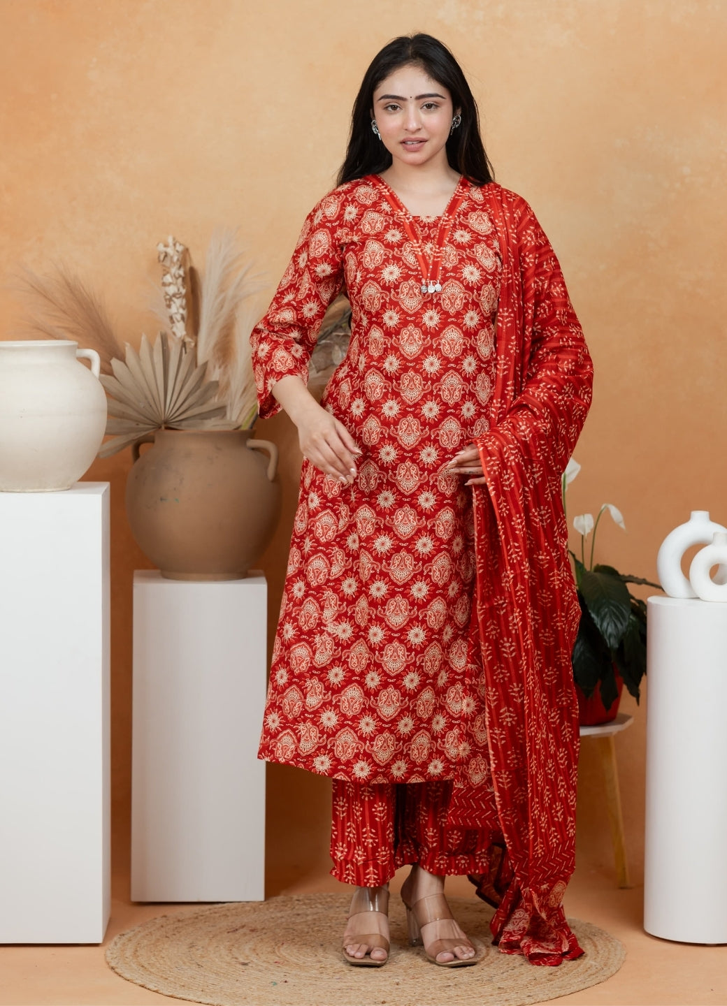 Rust Red Jaipuri Cotton A-Line Suit Set – Daily & Festive Wear