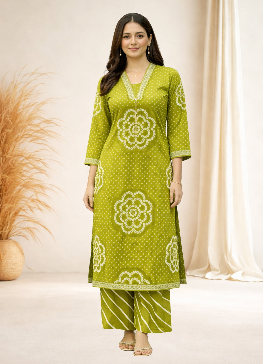 Mehendi Green Cotton Bandhej Suit Set with Printed Dupatta – Ethnic Wear