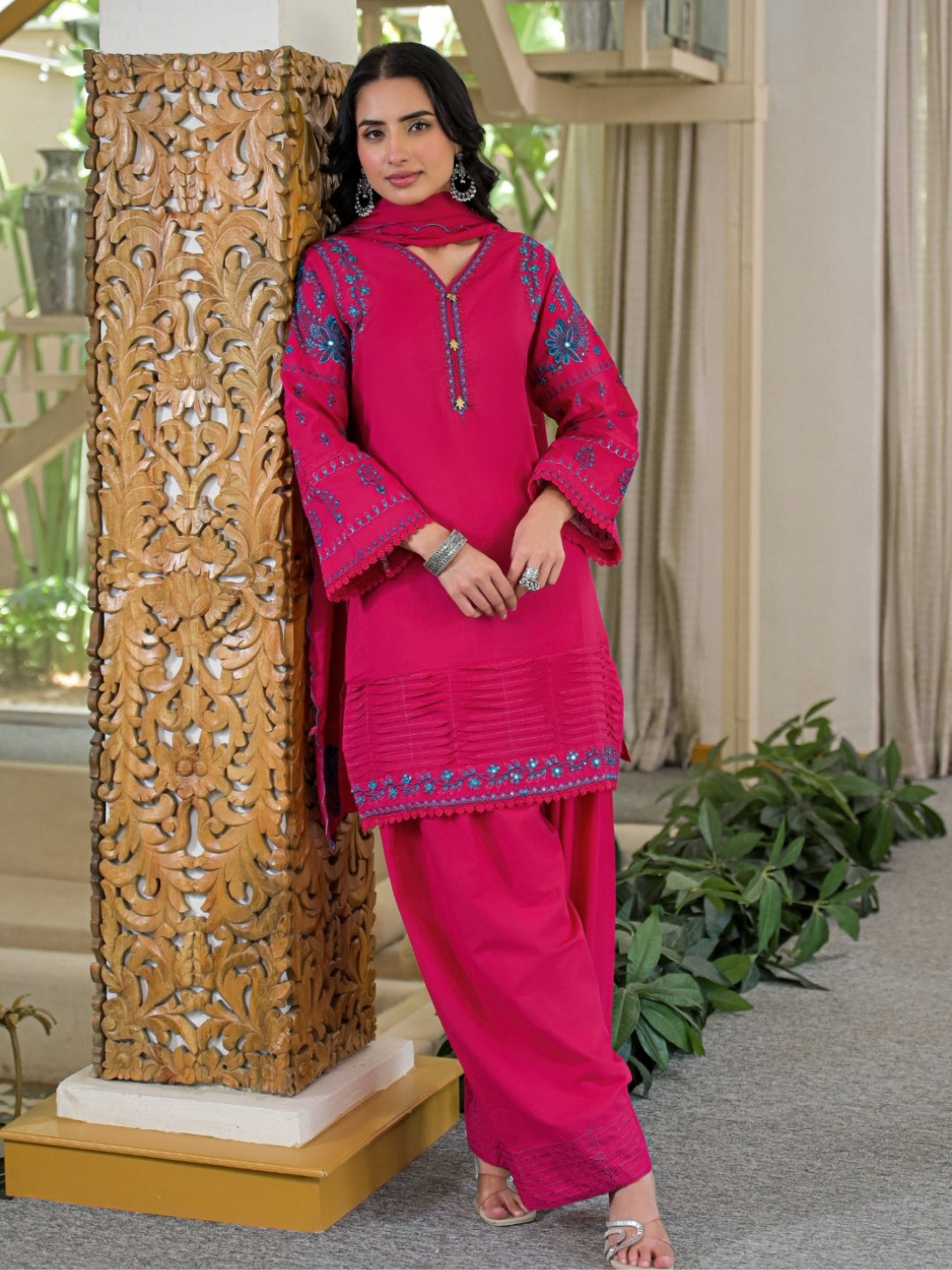 Rani Pink Pure Cotton Embroidered Kurta with Farsi Salwar & Dupatta Set – Festive Wear