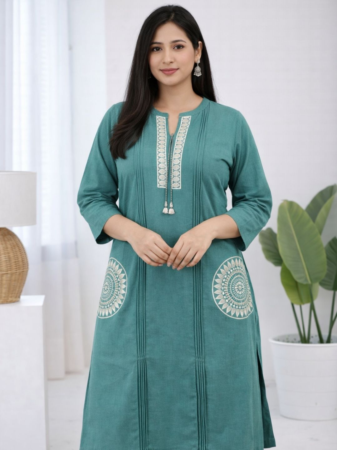 Teal Green Dabu Cotton A-Line Kurta Set with Handcrafted Embroidery