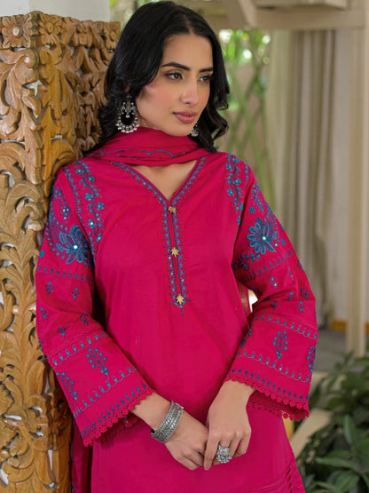 Rani Pink Pure Cotton Embroidered Kurta with Farsi Salwar & Dupatta Set – Festive Wear