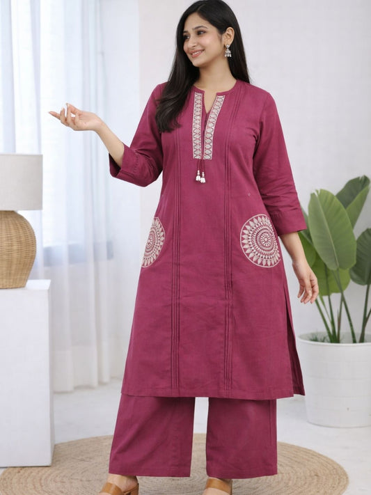 Deep Maroon Dabu Cotton A-Line Kurta Set with Handcrafted Embroidery