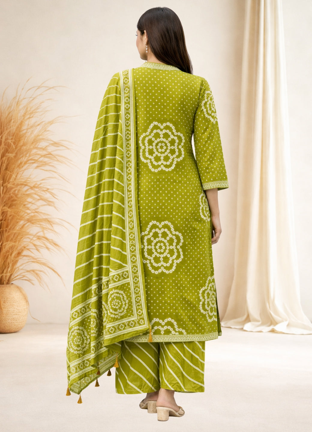 Mehendi Green Cotton Bandhej Suit Set with Printed Dupatta – Ethnic Wear