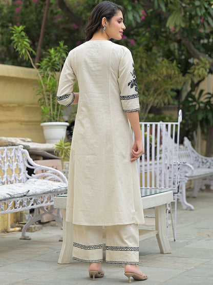 Beige Cotton Flex Kurta Set with Black Thread Embroidery – Elegant Casual Wear