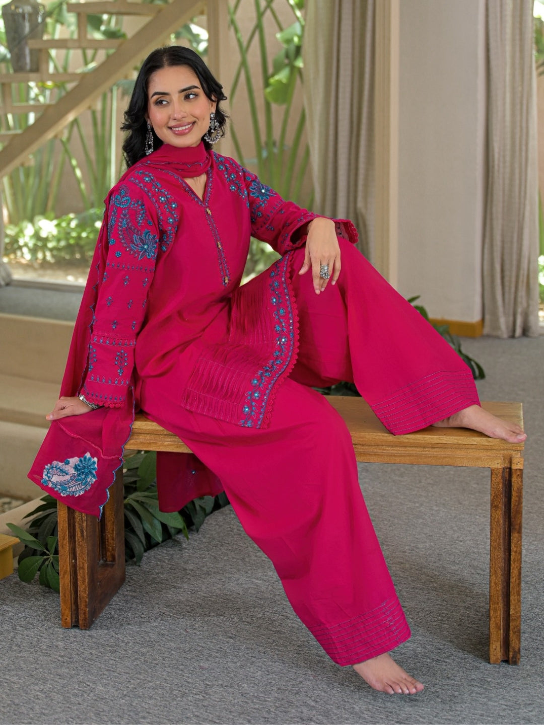 Rani Pink Pure Cotton Embroidered Kurta with Farsi Salwar & Dupatta Set – Festive Wear