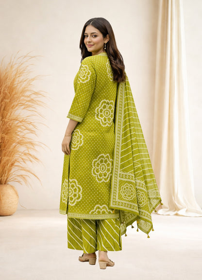 Mehendi Green Cotton Bandhej Suit Set with Printed Dupatta – Ethnic Wear