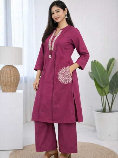 Deep Maroon Dabu Cotton A-Line Kurta Set with Handcrafted Embroidery