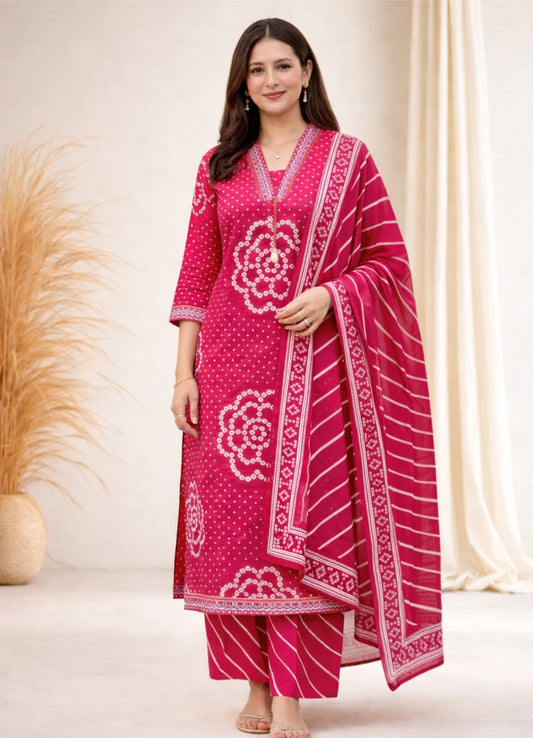 Fuchsia Pink Cotton Bandhej Suit Set with Printed Dupatta – Ethnic Wear