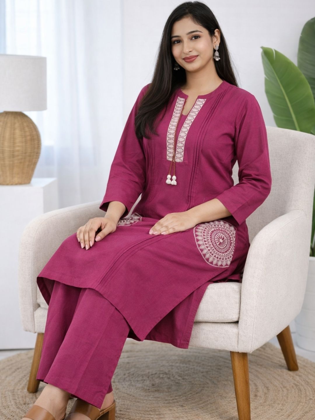 Deep Maroon Dabu Cotton A-Line Kurta Set with Handcrafted Embroidery