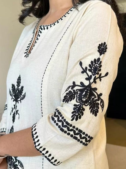 Beige Cotton Flex Kurta Set with Black Thread Embroidery – Elegant Casual Wear