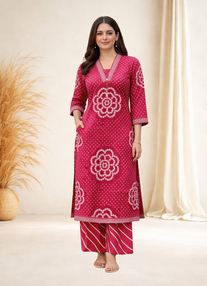 Fuchsia Pink Cotton Bandhej Suit Set with Printed Dupatta – Ethnic Wear