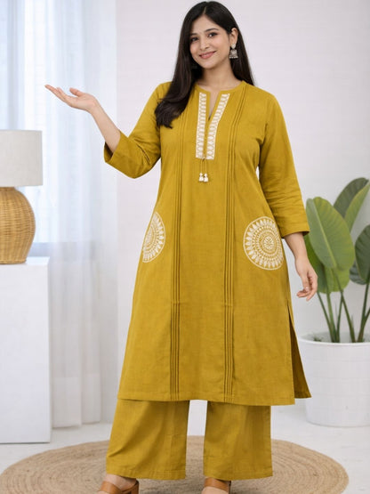 Mustard Yellow Dabu Cotton A-Line Kurta Set with Handcrafted Embroidery