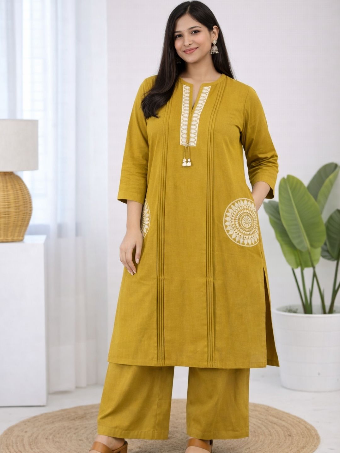 Mustard Yellow Dabu Cotton A-Line Kurta Set with Handcrafted Embroidery