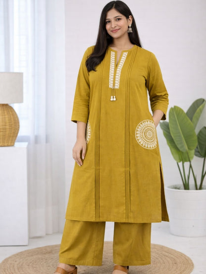 Mustard Yellow Dabu Cotton A-Line Kurta Set with Handcrafted Embroidery