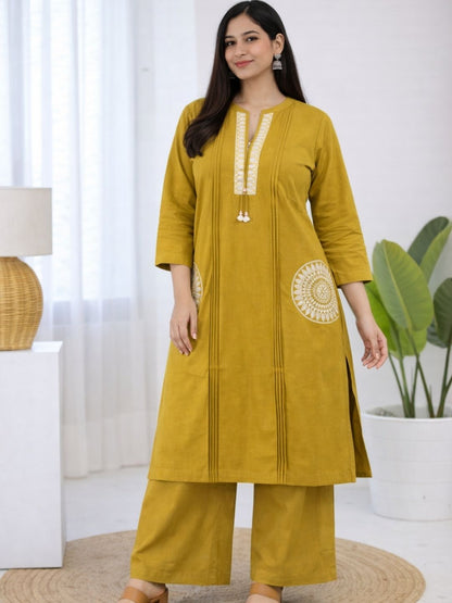 Mustard Yellow Dabu Cotton A-Line Kurta Set with Handcrafted Embroidery