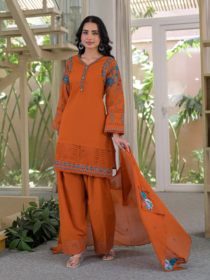 Rust Pure Cotton Embroidered Kurta with Farsi Salwar & Dupatta Set – Festive Wear