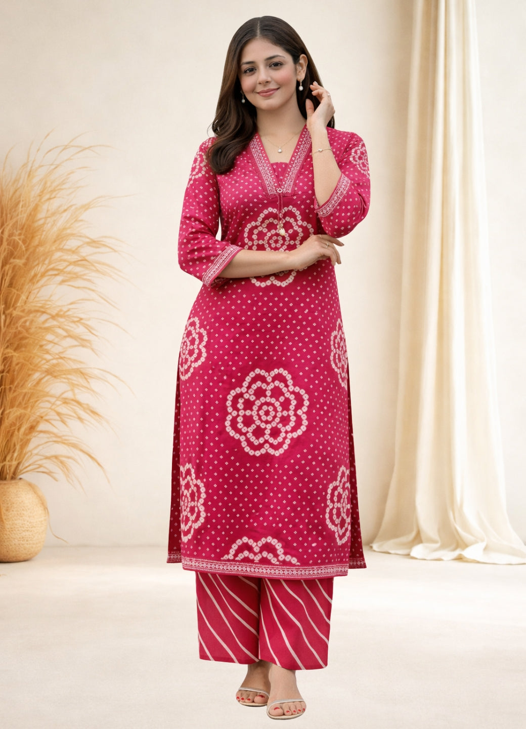 Fuchsia Pink Cotton Bandhej Suit Set with Printed Dupatta – Ethnic Wear