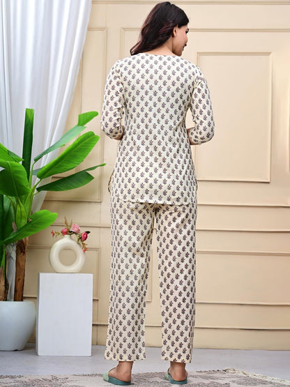 Beige Cotton Co-ord Set with Ethnic Buta Print – Casual Wear