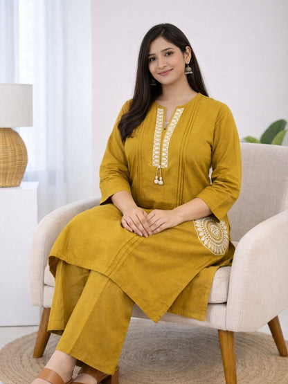 Mustard Yellow Dabu Cotton A-Line Kurta Set with Handcrafted Embroidery